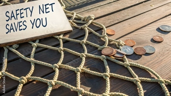 Obraz Fishing net with coins on wooden surface representing financial gain