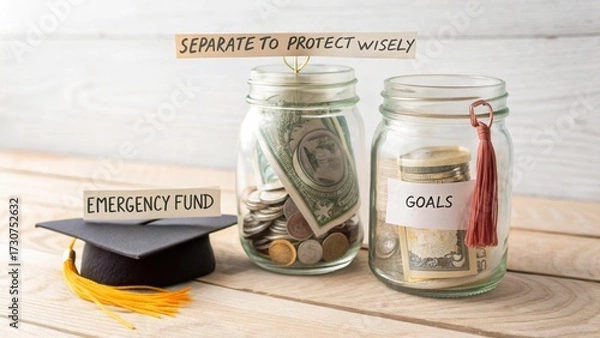 Obraz Money jars with graduation cap for education savings and goals