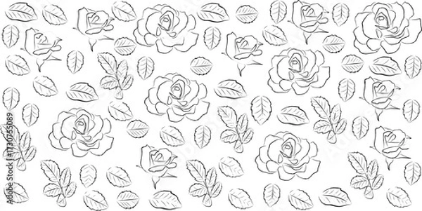 Fototapeta Seamless floral pattern featuring hand-drawn roses and leaves in black and white outline style. The design includes blooming roses, rosebuds, and individual leaves arranged in a repetitive background