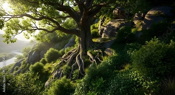 Obraz Realistic tree on rocky hill surrounded by lush greenery, symbolizing growth, renewal, and harmony