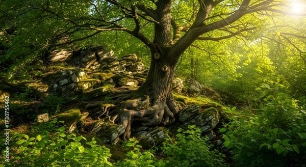 Fototapeta Realistic tree on rocky hill surrounded by lush greenery, symbolizing growth, renewal, and harmony