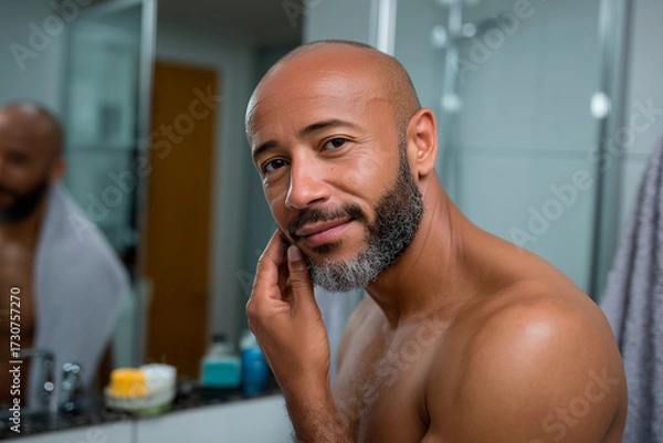 Obraz Smiling man standing in bathroom checking his beard and skin