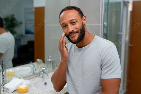 Obraz Hispanic man applying skincare cream on face in bathroom