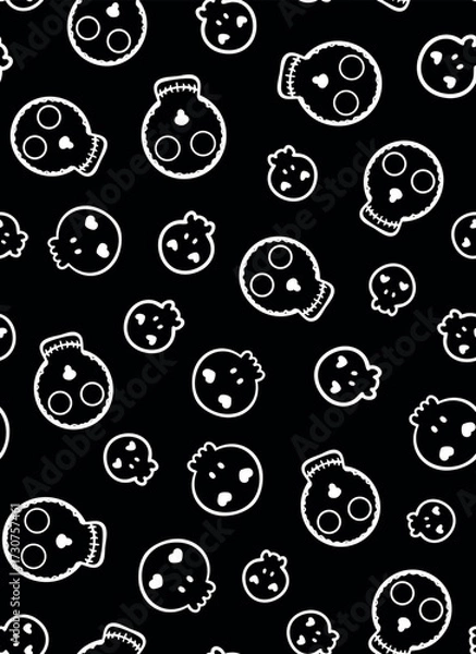 Fototapeta Hand drawn, monochrome skull seamless repeat pattern. Simple, vector day of the death faces aop, all over surface print on black background.