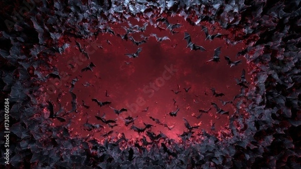 Fototapeta Dramatic Swarm of Bats in a Night Sky Framed by Dark Shadows and Hues of Red, Perfect for Spooky Themes or Halloween Artwork