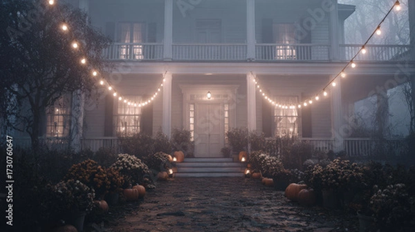 Fototapeta Haunted house with fog, string lights, pumpkins, and autumn flowers create spooky atmosphere