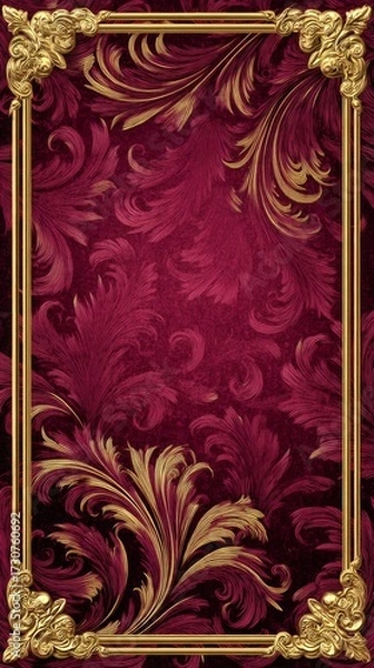 Fototapeta Elegant Red Fabric Background with Golden Swirl Frame Design for Luxurious Decor or Art Projects