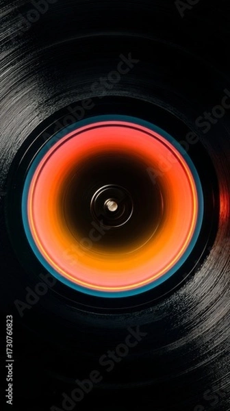 Fototapeta Abstract Glowing Vinyl Record with Colorful Spin and Black Background for Creative Visuals
