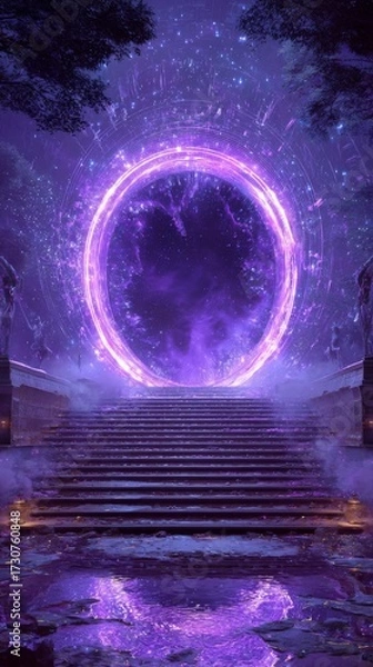 Fototapeta Glowing Portal in the Metaverse Surrounded by Mystical Environment and Stairs Leading to Adventure