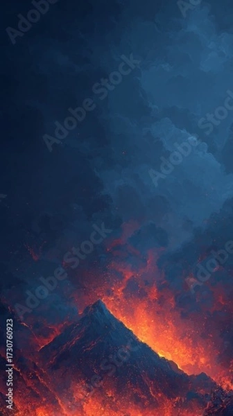 Fototapeta Fiery Eruption of a Volcano Against a Dramatic Dark Sky Background Captured During an Eruptive Event
