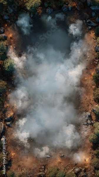 Fototapeta Ethereal Battlefield Scene with Smoke and Mysterious Aura at the Border of the War Zone
