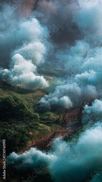 Fototapeta Ethereal Battlefield Scene with Smoke and Mysterious Aura Surrounding Military Operations