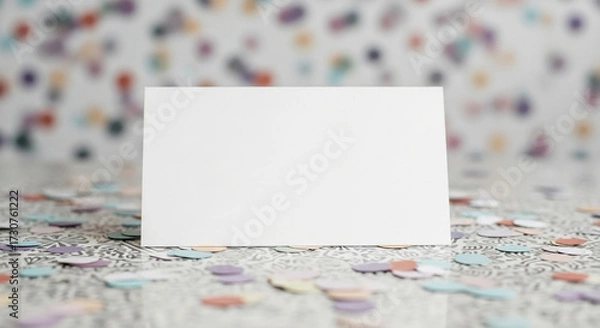 Fototapeta Blank horizontal white card mockup surrounded by pastel party confetti on patterned surface for celebration