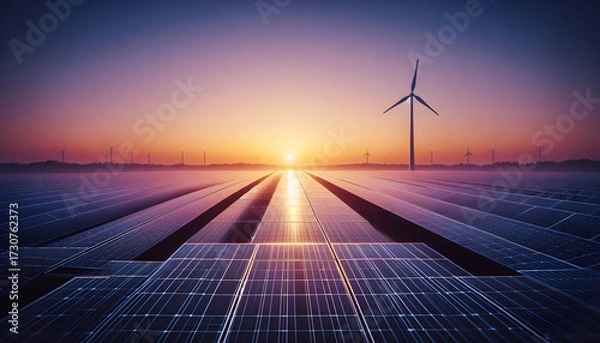 Fototapeta A vast field of solar panels and wind turbines stretches toward a vibrant sunset, symbolizing the future of renewable energy.