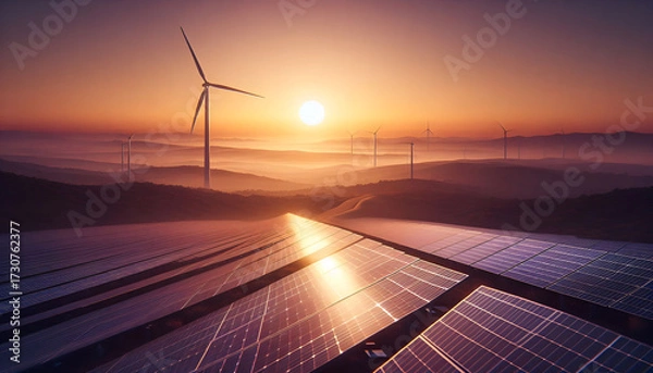 Fototapeta A vast field of solar panels and wind turbines stretches toward a vibrant sunset, symbolizing the future of renewable energy.