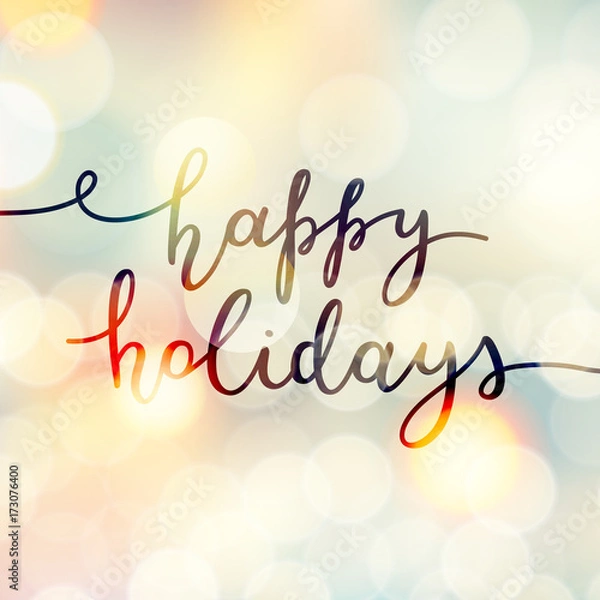 Fototapeta happy holidays lettering, vector handwritten text on blurred background of lights