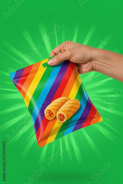Fototapeta Brighten your day with this fun rainbow snack bag filled with delicious crunchy rolls, perfect for parties and happy moments.