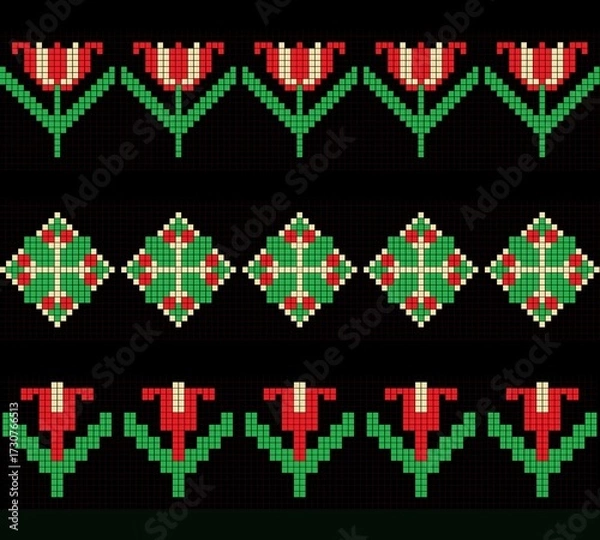 Fototapeta Tulips, stars, and bells. Three floral patterns in red, green, and black. These designs are suitable for weaving, cross-stitching, or knitting.