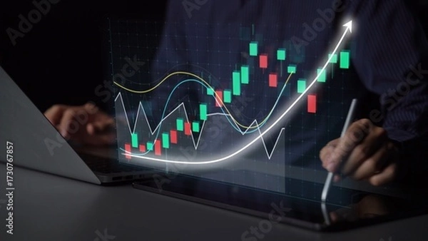 Obraz A focused individual analyzes financial data through digital charts on a laptop, capturing market trends with visually appealing graphs and insightful analytics. Copula