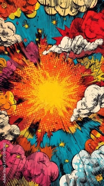 Fototapeta Vibrant Pop Art Explosion Scene with Colorful Clouds and Radiating Lines
