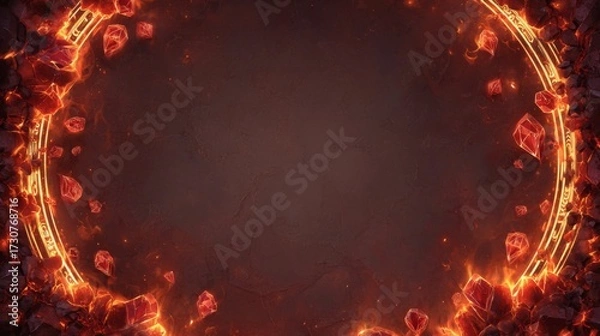Fototapeta Glowing Rune Circle with Fiery Crystals and Dark Background for Fantasy Artwork