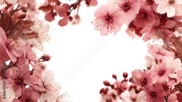 Fototapeta Beautiful Cherry Blossom Frame with Soft Pink Flowers Against a White Background for Elegant Spring Decorations