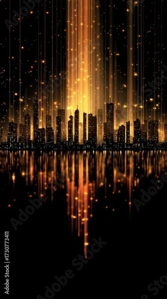 Fototapeta Glowing Silhouette of a City Skyline at Night with Reflections and Sparkling Lights