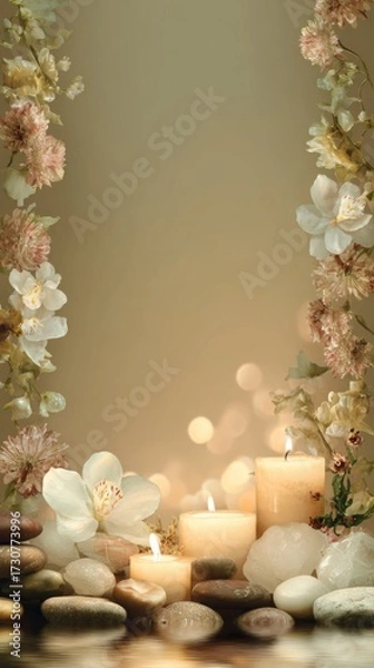 Fototapeta Tranquil Candlelight Spa Setting with Soft Flowers, Stones, and Aura of Relaxation