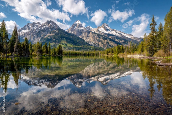 Fototapeta Stunning mountain range with snow-capped peaks reflected in a calm lake surrounded by lush green forest under a vibrant blue sky with fluffy clouds on a sunny day