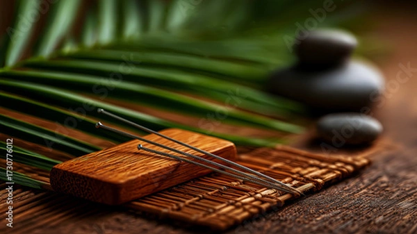 Fototapeta Acupuncture needles on a wooden stand, health and relaxation items, spa interior design idea to promote relaxation and rest for clients, poster and advertising idea