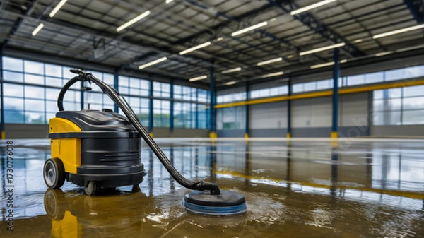 Fototapeta poster with vacuum cleaner against background of an empty production workshop, cleaning with industrial vacuum cleaner for wet and dry cleaning of workshops, importance of maintaining cleanliness