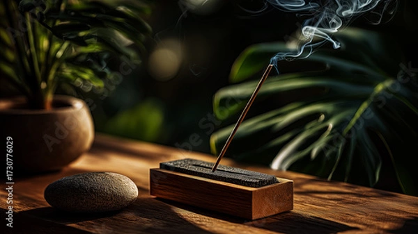 Fototapeta stick of incense slowly burns on a table in a spa salon, an idea for interior design in spa salons that promotes relaxation and rest for clients, an idea for a poster and advertising