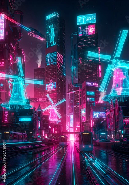Obraz Neon Future Cityscape Blends Old World Charm
