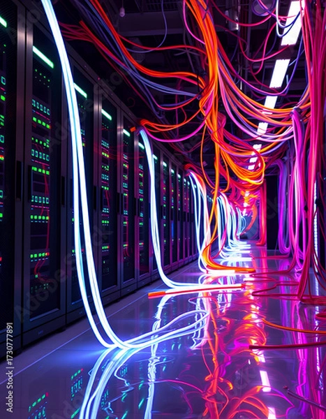 Fototapeta A vibrant data center with rows of servers illuminated by colorful cables and lights, creating a futuristic and technologically advanced environment.