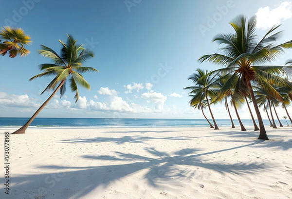 Fototapeta A stunning beach scene with palm trees and the ocean under a bright blue sky