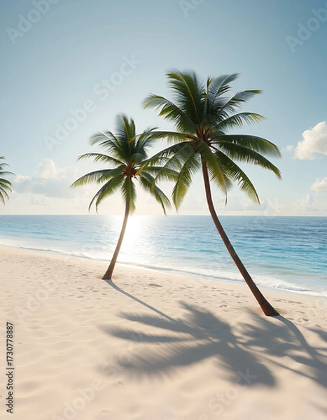 Fototapeta Palm trees sway gently on a sandy beach in the sun, casting long shadows on the pristine shore. The calm ocean stretches out to the horizon, under a clear blue sky
