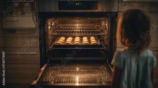 Fototapeta Child gazing at open oven door in modern kitchen, watching freshly baked cookies on rack, warm light illuminating the scene, creating a cozy atmosphere of home baking
