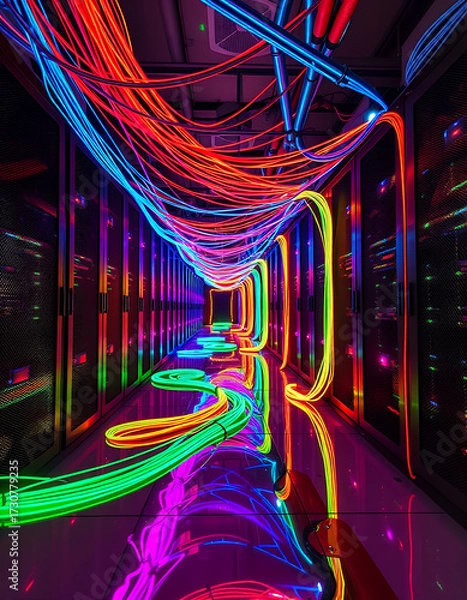 Fototapeta A vibrant, high-tech server room lit with neon cables, symbolizing data flow and digital connectivity