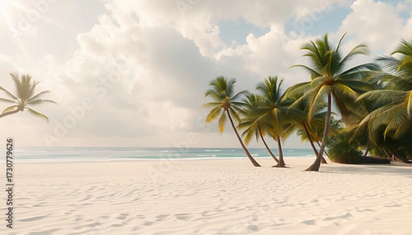 Fototapeta Serene Tropical Beach with Palm Trees and Cloudy Sky, inviting a sense of relaxation. The soft white sand and gentle waves create a perfect summer day at the beach