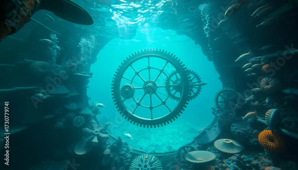 Fototapeta A surreal underwater scene, featuring intricate clockwork gears submerged in crystalline water, with a captivating oceanic backdrop. The gears symbolize time and mechanics.