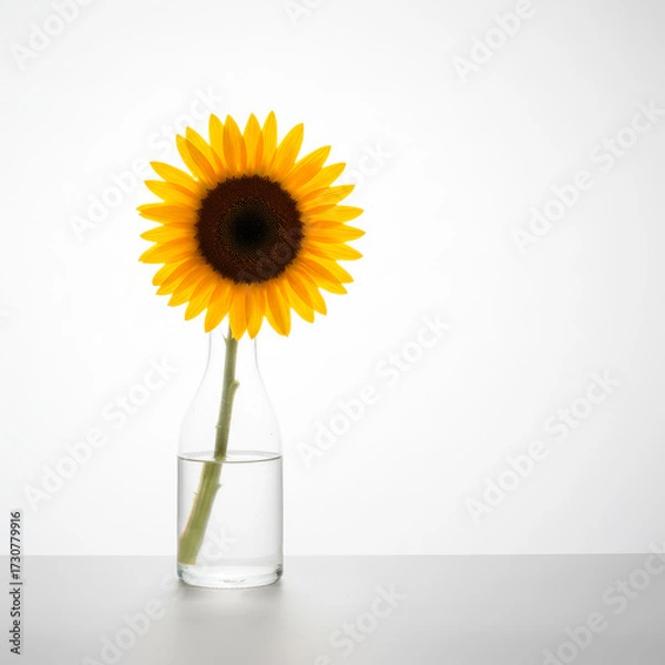 Fototapeta Single sunflower in a glass vase, radiating warmth and positivity, minimalistic style, copy space