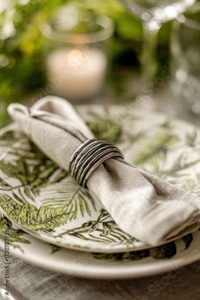 Fototapeta Elegant table setting featuring a neatly tied napkin with a decorative silver napkin ring on a beautifully patterned plate, creating a sophisticated dining atmosphere