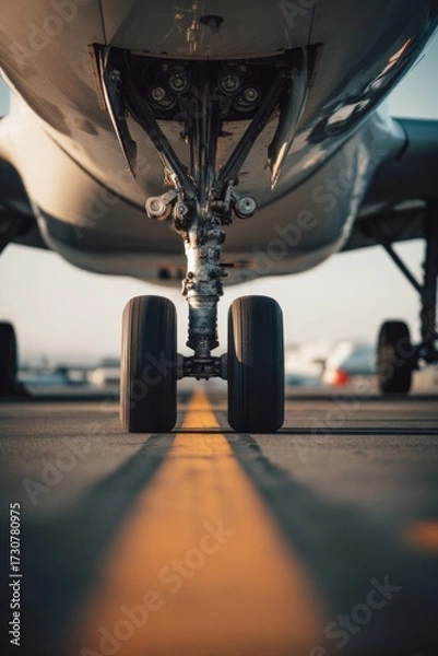 Fototapeta Aircraft landing gear with open doors is positioned on runway, showcasing detailed mechanics and structure, emphasizing aviation technology and engineering design
