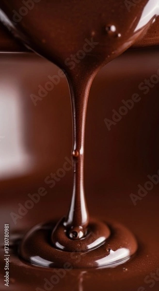 Fototapeta Rich, melted chocolate flows smoothly, creating a glossy surface. The deep brown color highlights its creamy texture, ideal for desserts and confections.