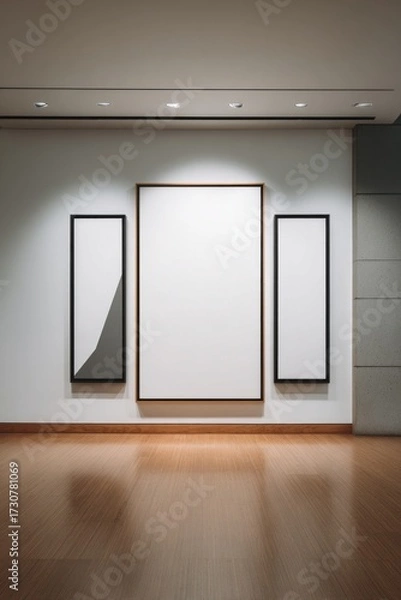 Fototapeta Three empty frames are displayed on a gallery wall, showcasing a minimalistic design with wooden flooring and soft lighting, creating an inviting atmosphere for art appreciation