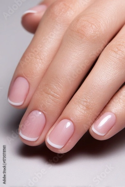 Fototapeta Elegant hand showcasing a subtle French tip manicure with soft pink base and white tips, highlighting the beauty of well-groomed nails in a minimalist setting