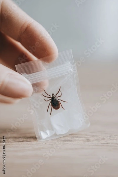 Fototapeta Hand holding a small plastic bag containing a removed tick, showcasing the insect's details against a wooden surface, emphasizing the importance of tick removal and safety
