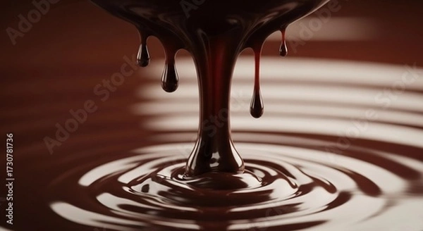 Fototapeta Liquid chocolate dripping into a pool, creating ripples. The scene highlights the smooth texture and rich color of the chocolate.