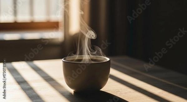 Fototapeta A steaming cup of coffee sits on a wooden table. Soft sunlight casts shadows across the surface, creating a warm and inviting atmosphere.
