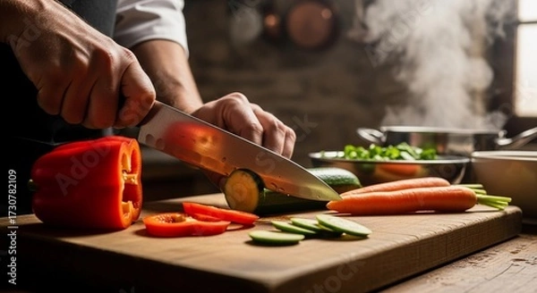 Fototapeta A person with light skin and short hair chops fresh vegetables on a wooden cutting board in a kitchen. Steam rises from a pot in the background.